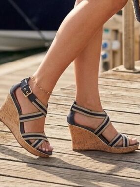 Sperry Wedge Sandals in Gold and Navy
